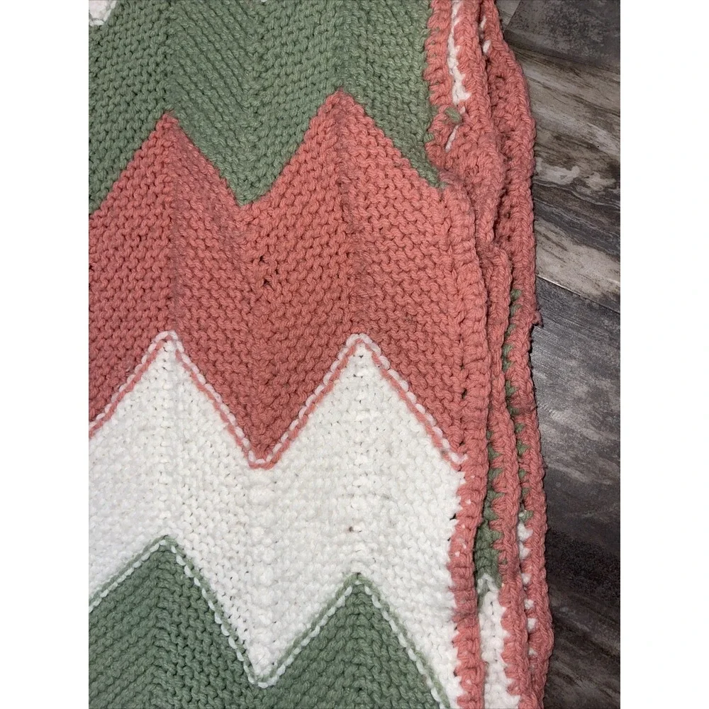 Vintage Crochet Afghan Blanket Zig Zag Chevron Pink Sage Green 61 x 57 In
